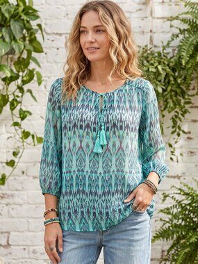 St Johns Bay Boho Chiffon Top L Teal Purple Ikat Geo Tassel Peasant Chiffon